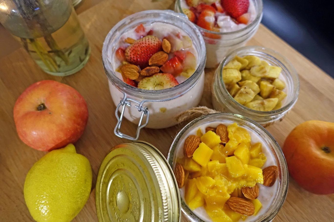 refrigerated oatmeal yoghurt with fruits and almonds
