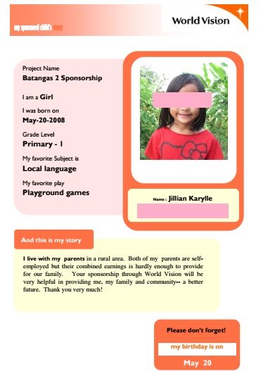 sponsored child in batangas through world vision