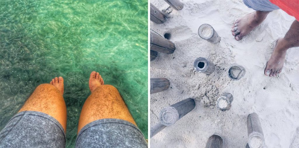 feet in boracay island sea and white sand